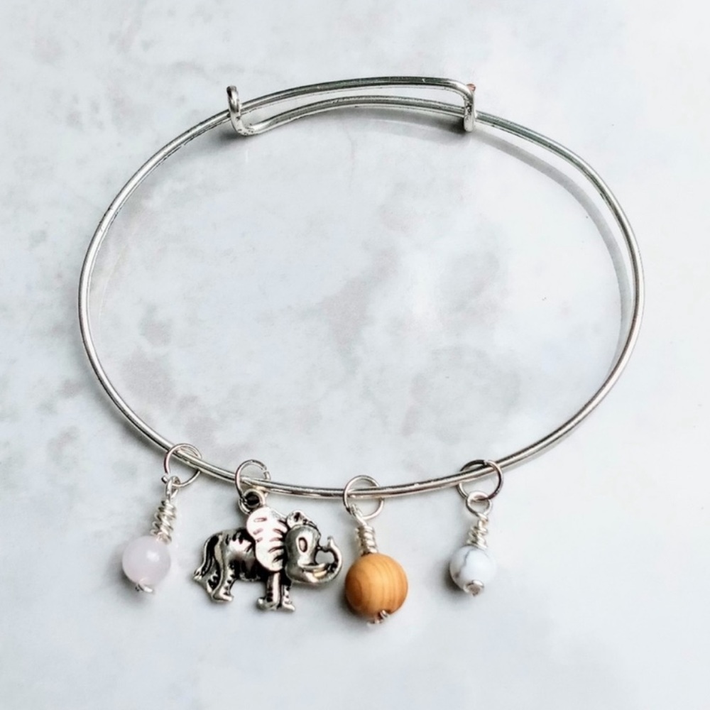Handmade Rose Quartz Elephant Charm Bangle Bracelet